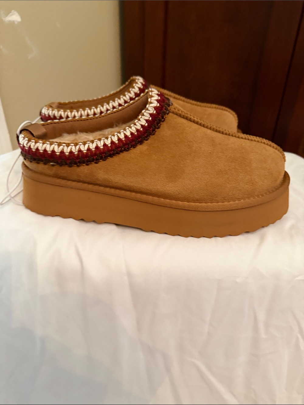 Altar'd State Tan Suede Platform Mule with Red & Cream Trim